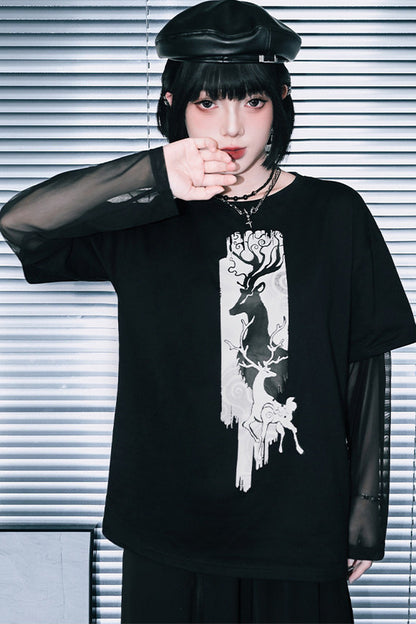 鹿プリントシアースリーブレイヤードTシャツ