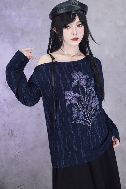 Tee-shirt épaules dénudées à manches longues et imprimé iris