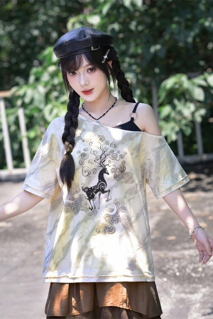 小鹿プリントオフショルTシャツ