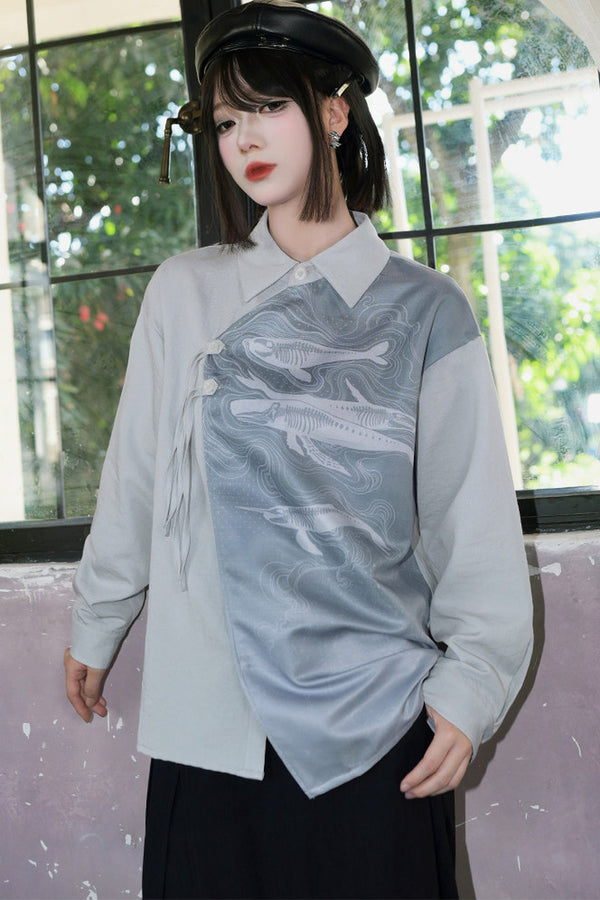 Asymmetrical Whale Print Slanted Placket Shirt