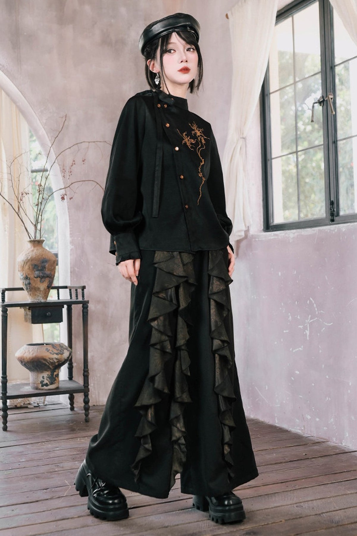 Mandala Embroidered Lace-Up Diagonal Placket Shirt