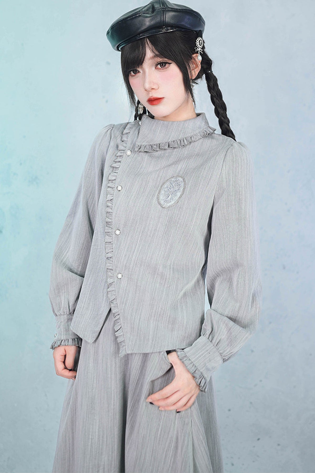 Deer Smoke Slanted Placket Shirt and Double Layer Skirt Set-Up