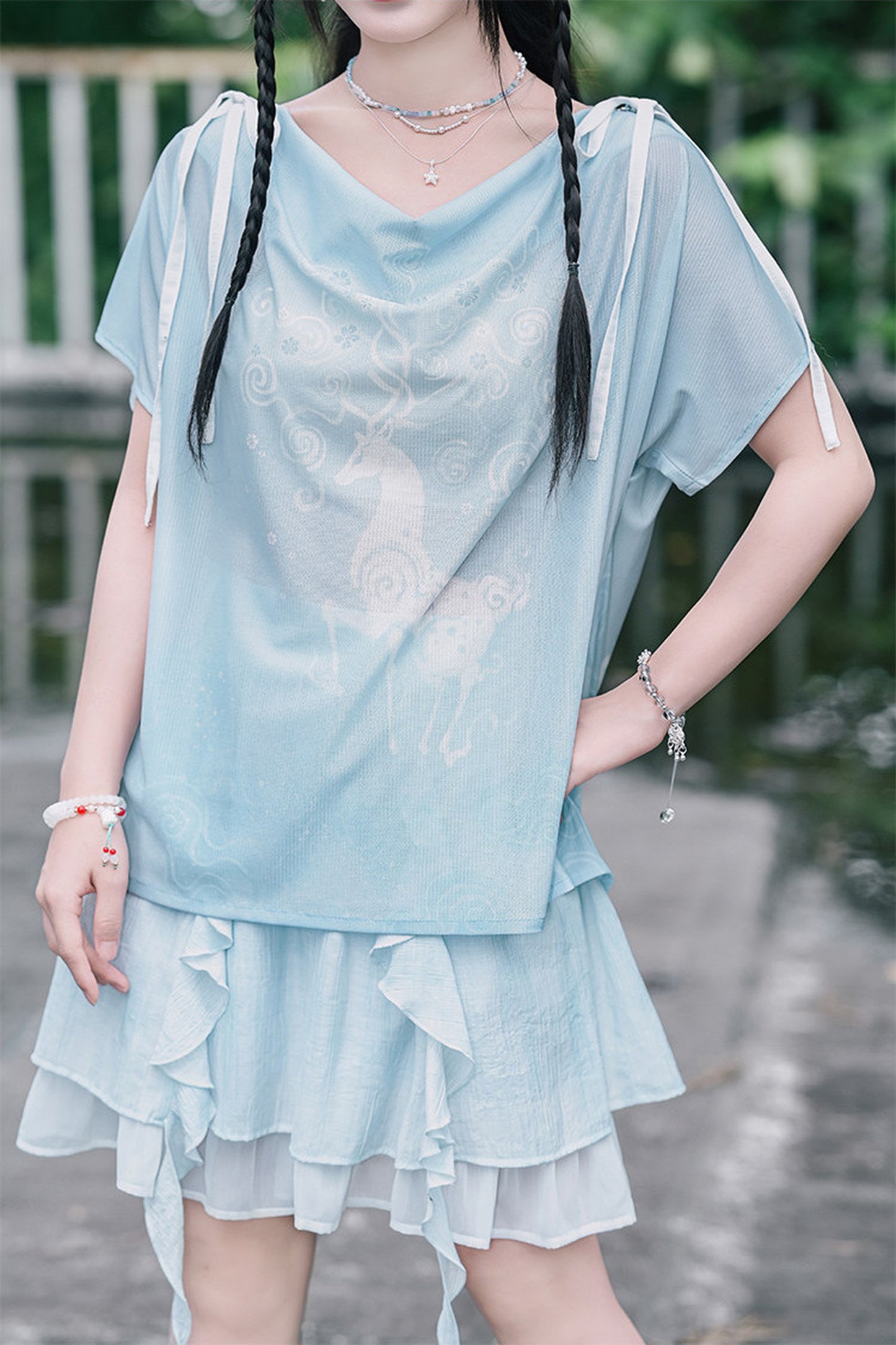 Chiffon-Set im China-Stil mit Hirsch-Print