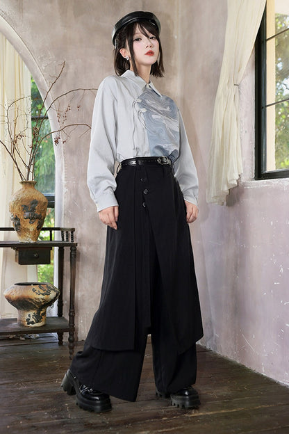 Asymmetrical Whale Print Slanted Placket Shirt