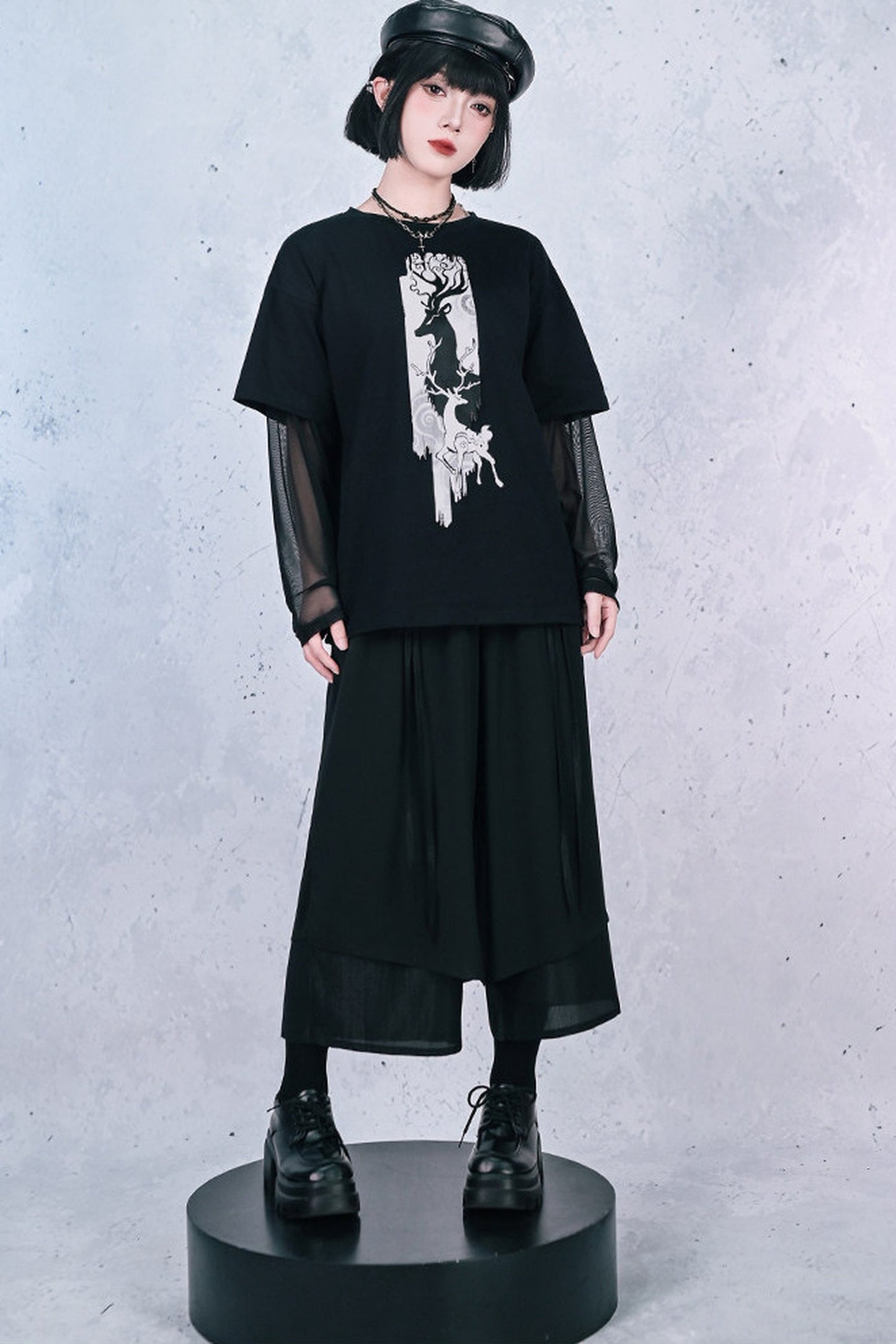 鹿プリントシアースリーブレイヤードTシャツ