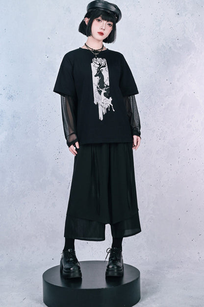 鹿プリントシアースリーブレイヤードTシャツ
