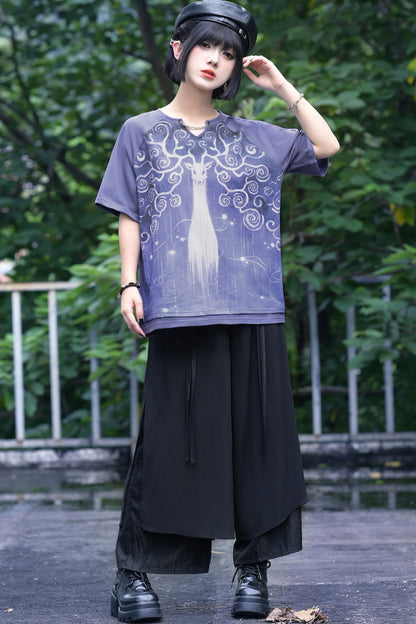 Lila Grafik-T-Shirt mit Fantasiehirsch