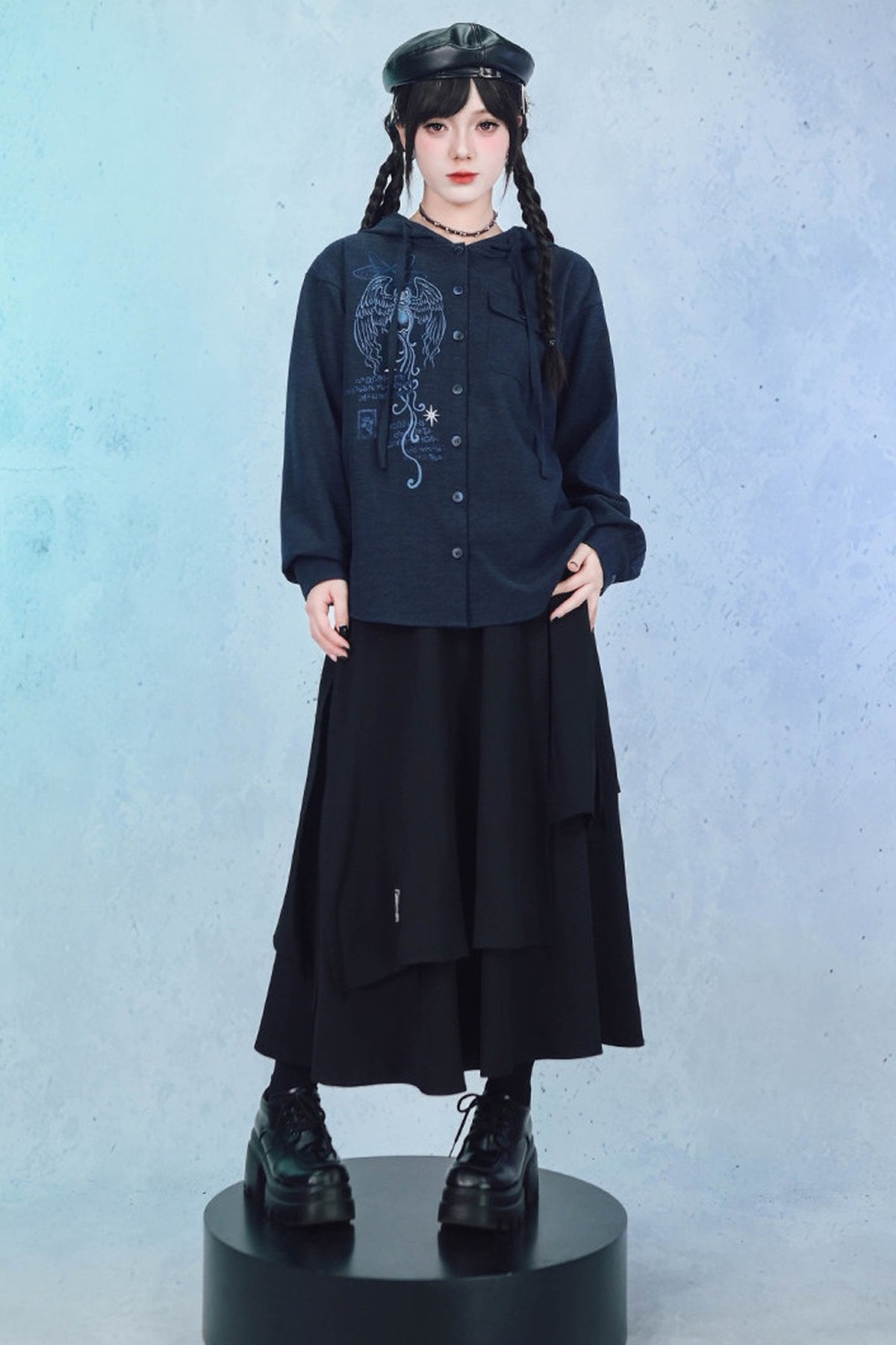 Sea Angel Hand-Drawn Print Hooded Shirt