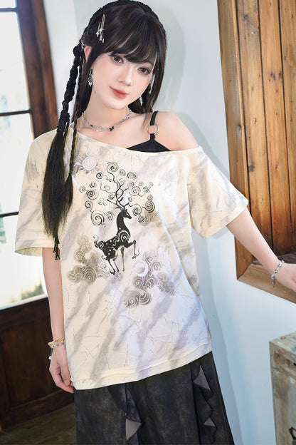 小鹿プリントオフショルTシャツ