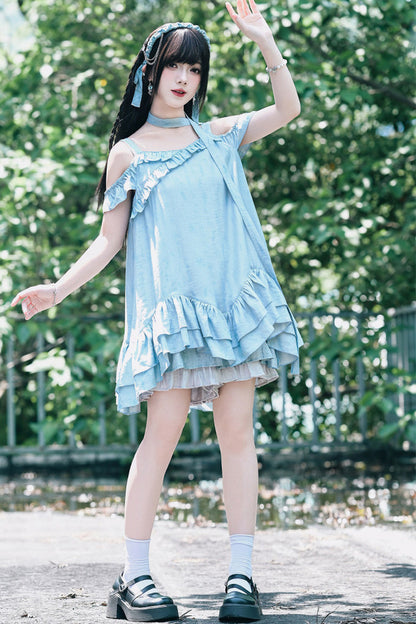ガーリーブルーフリルオフショルワンピース