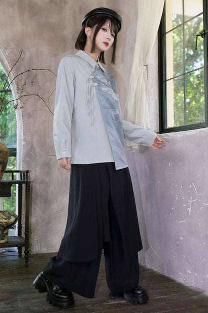 Asymmetrical Whale Print Slanted Placket Shirt