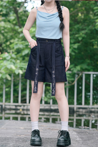 鹿刺繍リボンデニムショートパンツ