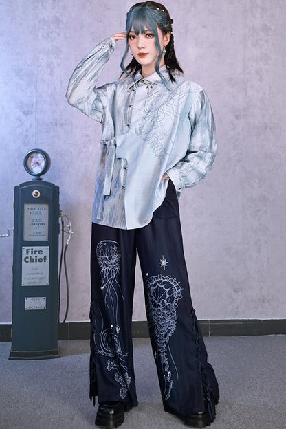 Blue Jellyfish Print Lace-Up Wide-Leg Pants