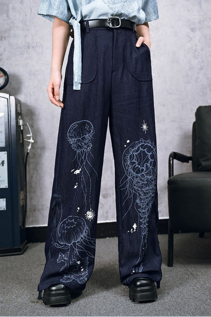 Blue Jellyfish Print Lace-Up Wide-Leg Pants