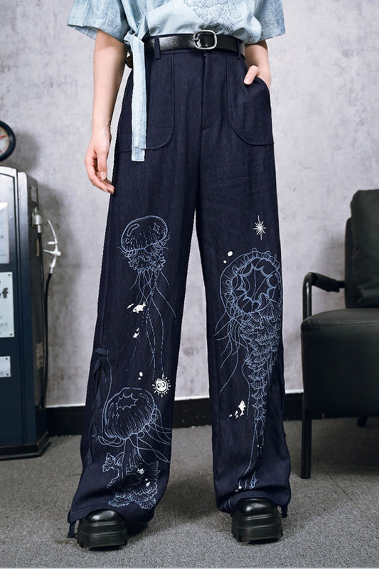 Blue Jellyfish Print Lace-Up Wide-Leg Pants