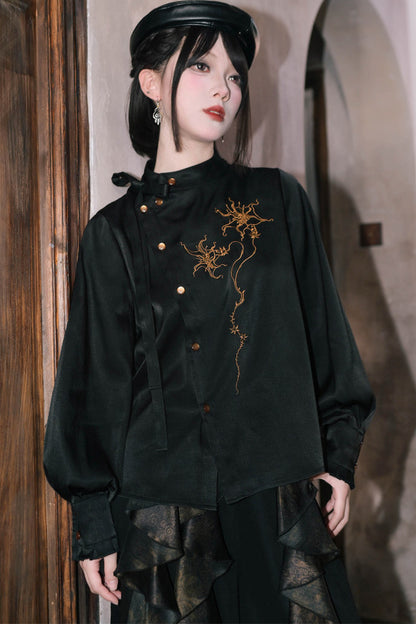 Mandala Embroidered Lace-Up Diagonal Placket Shirt