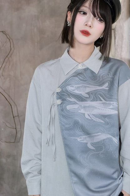 Asymmetrical Whale Print Slanted Placket Shirt