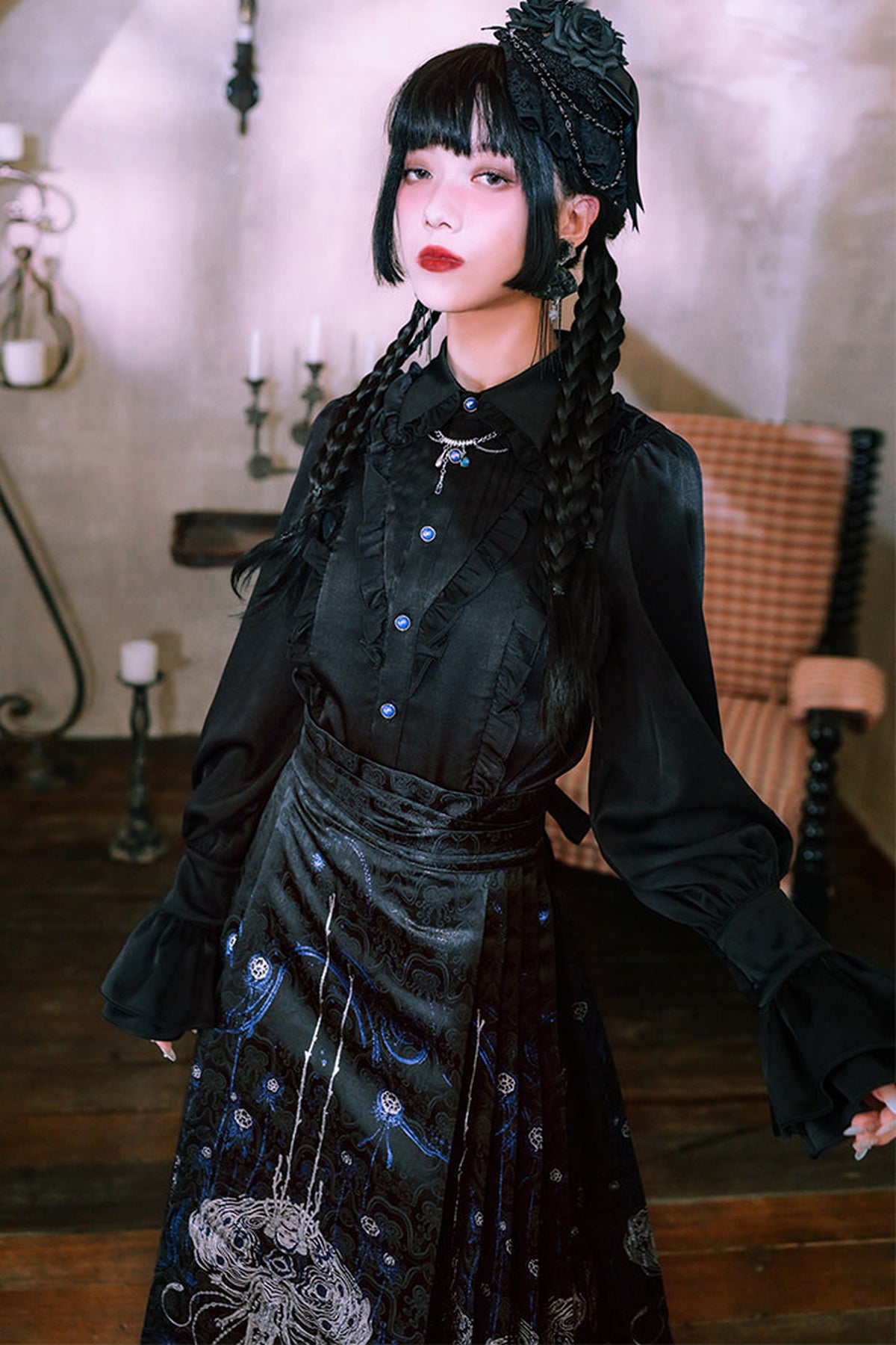 Blue Tears Patchwork Lace Lantern Sleeve Shirt