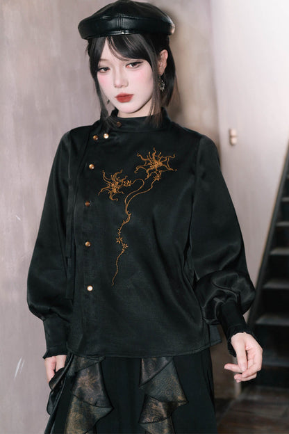 Mandala Embroidered Lace-Up Diagonal Placket Shirt