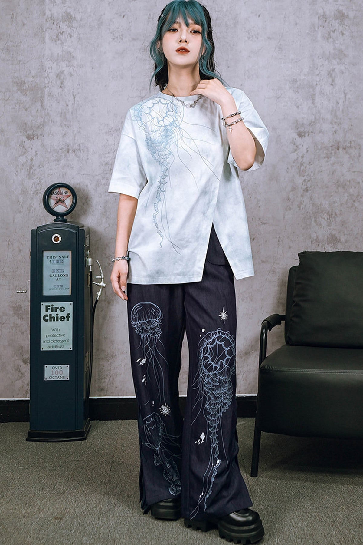 Blue Jellyfish Print Lace-Up Wide-Leg Pants