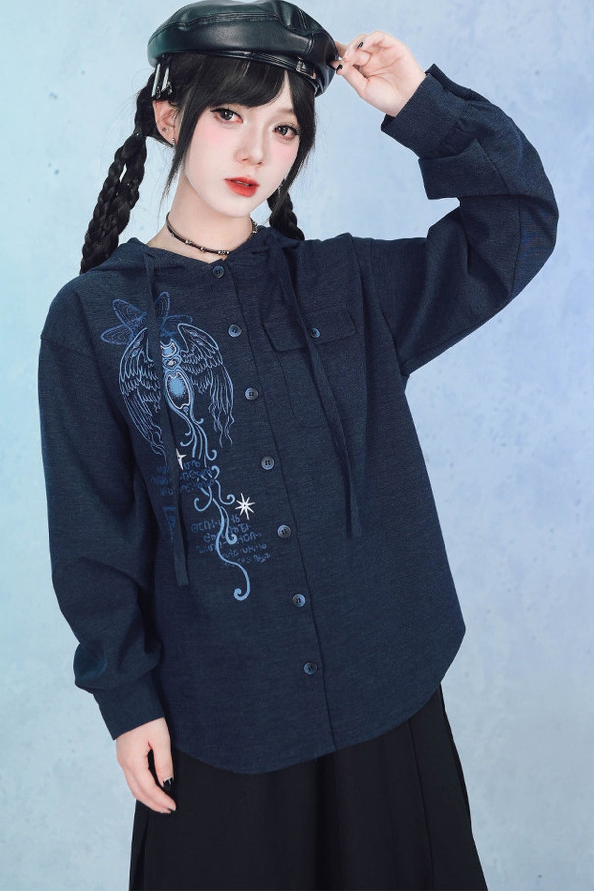 Sea Angel Hand-Drawn Print Hooded Shirt