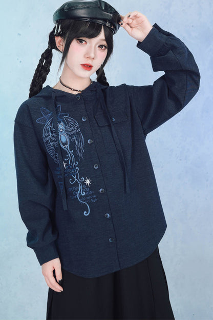 Sea Angel Hand-Drawn Print Hooded Shirt