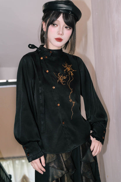 Mandala Embroidered Lace-Up Diagonal Placket Shirt
