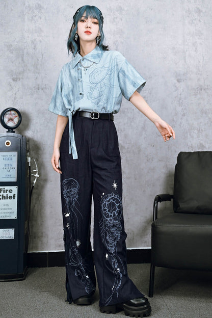 Blue Jellyfish Print Lace-Up Wide-Leg Pants