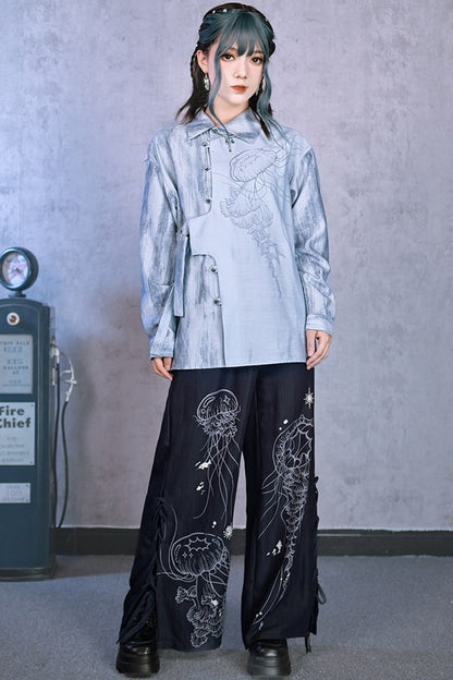 Blue Jellyfish Print Lace-Up Wide-Leg Pants