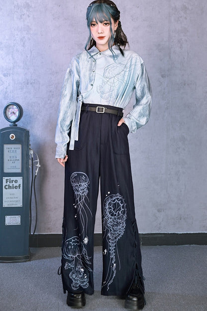 Blue Jellyfish Print Lace-Up Wide-Leg Pants