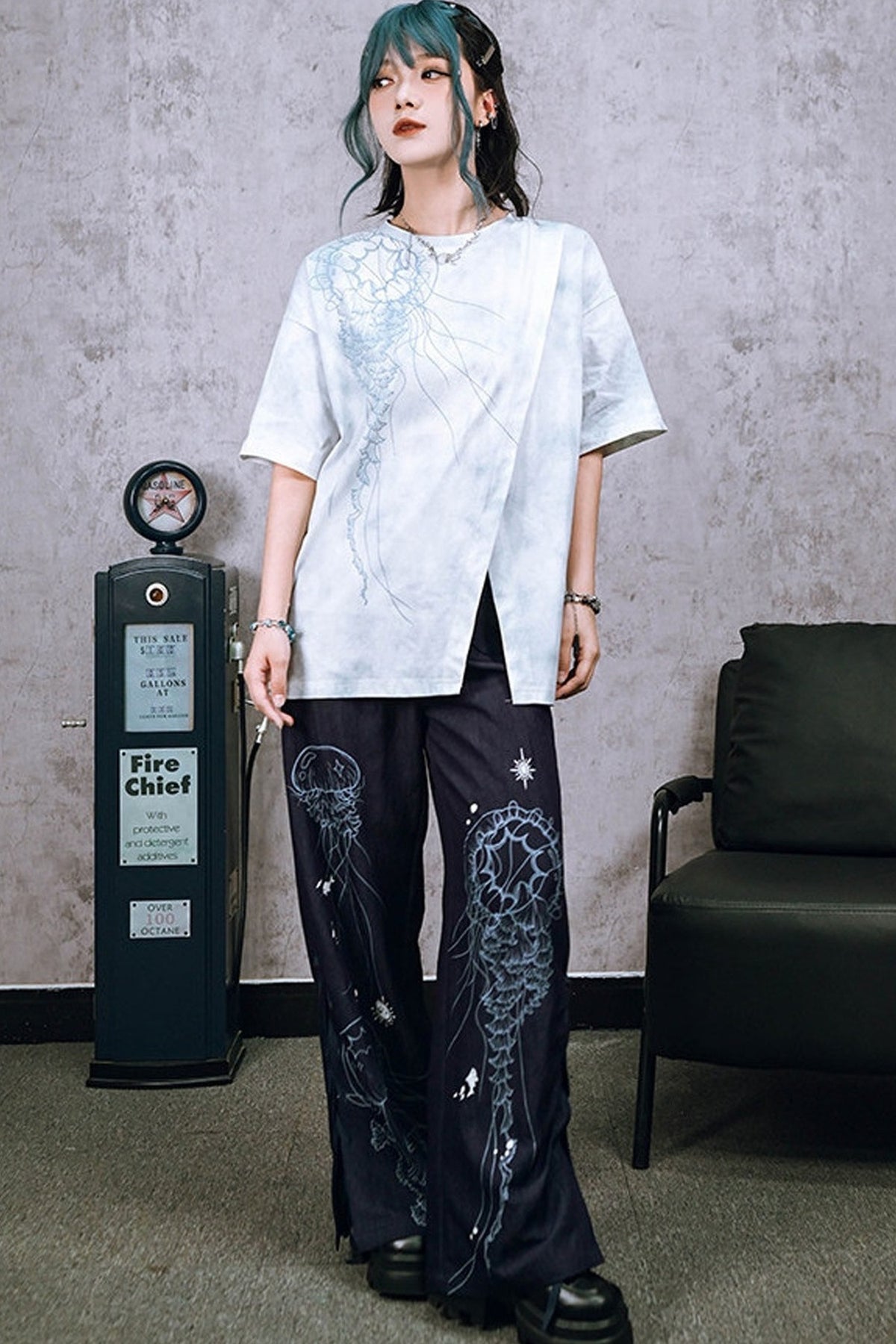 Blue Jellyfish Print Lace-Up Wide-Leg Pants