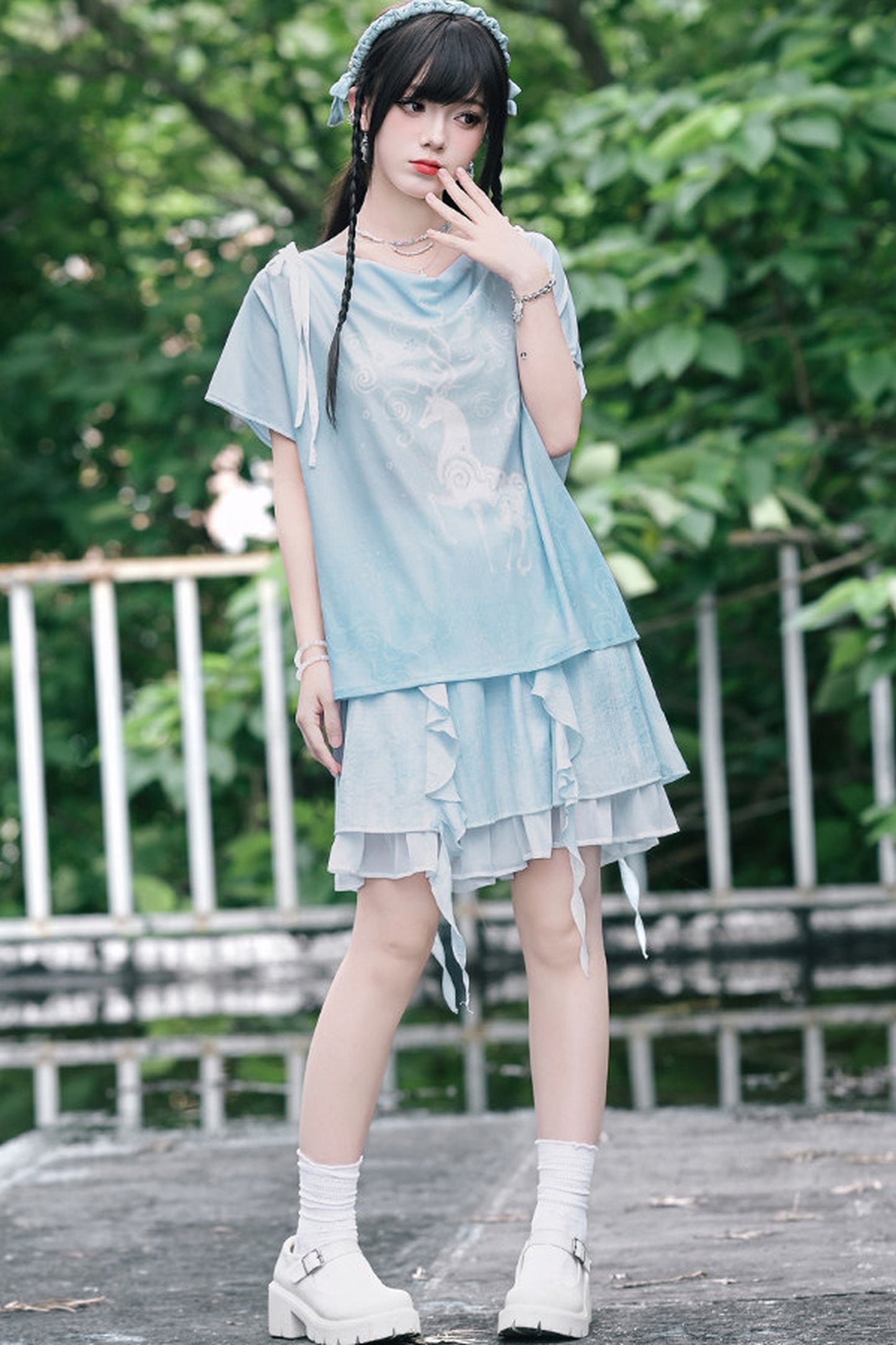 Chiffon-Set im China-Stil mit Hirsch-Print