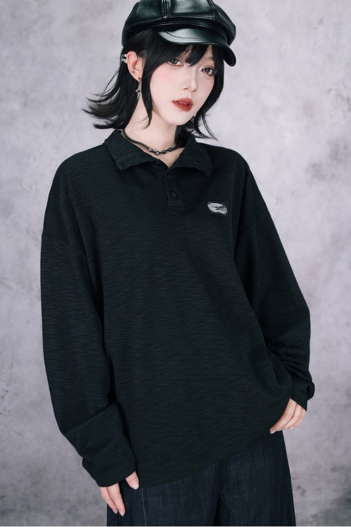 Whale Fall Oversize-Langarm-Oberteil mit hohem Kragen