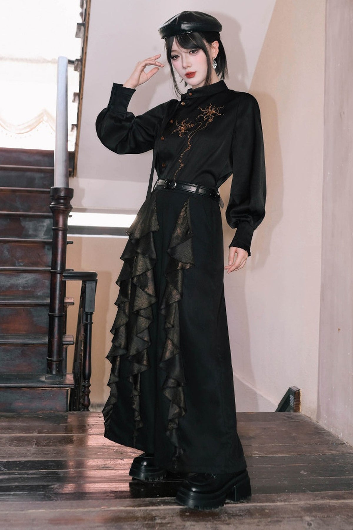 Mandala Embroidered Lace-Up Diagonal Placket Shirt