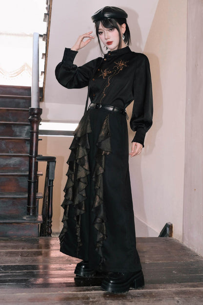 Mandala Embroidered Lace-Up Diagonal Placket Shirt