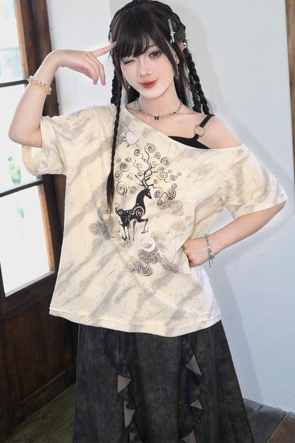 小鹿プリントオフショルTシャツ