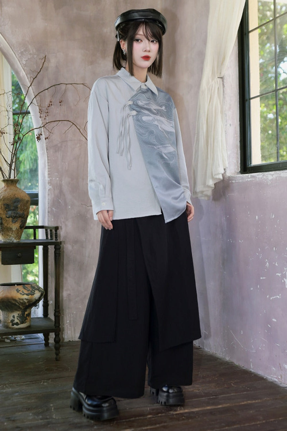 Asymmetrical Whale Print Slanted Placket Shirt