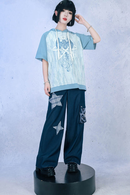 Meerengelblaues Kapuzen-T-Shirt