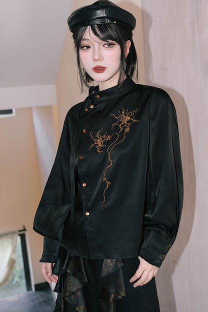 Mandala Embroidered Lace-Up Diagonal Placket Shirt