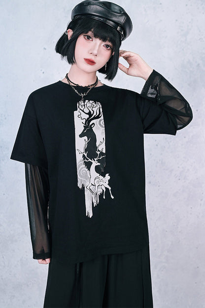 鹿プリントシアースリーブレイヤードTシャツ