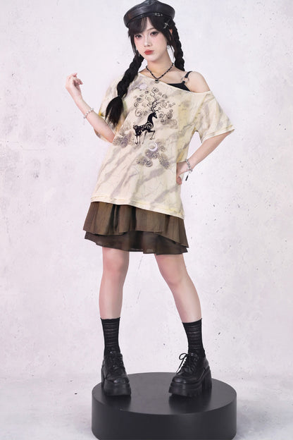小鹿プリントオフショルTシャツ