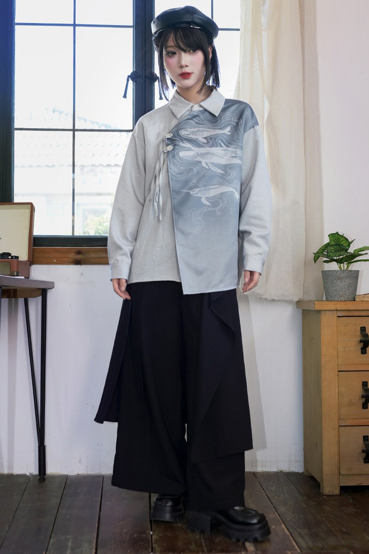 Asymmetrical Whale Print Slanted Placket Shirt