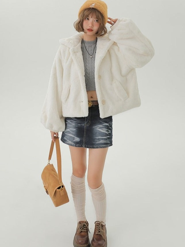 Velvet fur hooded long coat + hooded short coat