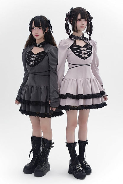 [Reservierungsschluss 28. September] Pink x Schwarz/Grau x Schwarz Gothic-Kleid mit herzförmigem Ausschnitt, Gürtelkragen, Spitzenbesatz und Schleifendetail