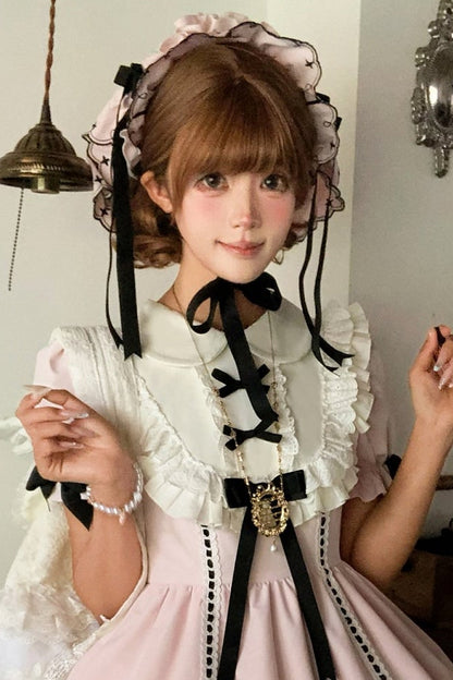 【10月4日予約締切】Four-color Gothic-style Sweet Lolita Cross Embroidery Ribbon Bonnet + Ruffle Scarf Headband