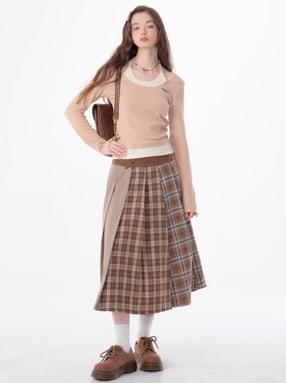 Check Asymmetrical Wool Pleated Skirt