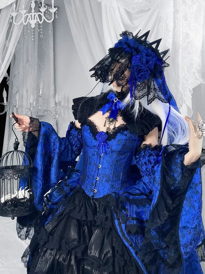 [Date limite de réservation 8 janvier] Set Complet avec Accessoires de Robe Bustier Jacquard Gothic Sombre à Longue Traîne