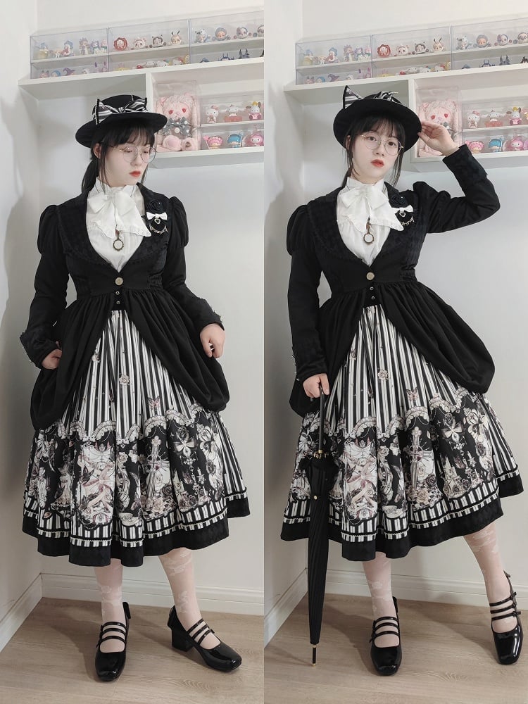 【10月3日予約締切】Black White Striped Gothic Rose Print Skirt(Short/Long)