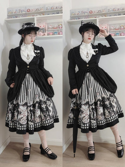 【10月3日予約締切】Black White Striped Gothic Rose Print Skirt(Short/Long)