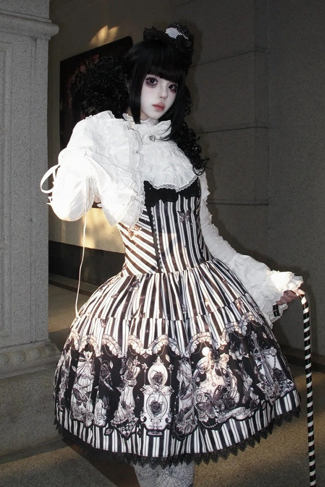 【10月3日予約締切】Black/White Elegant Gothic Puff Sleeve Shirt With Detachable Bell Sleeves And Frill Collar Jabot